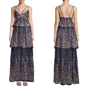 $588 NWT BCBGMAXAZRIA Floral Blooms Metallic Embroidered Ruffle Gown